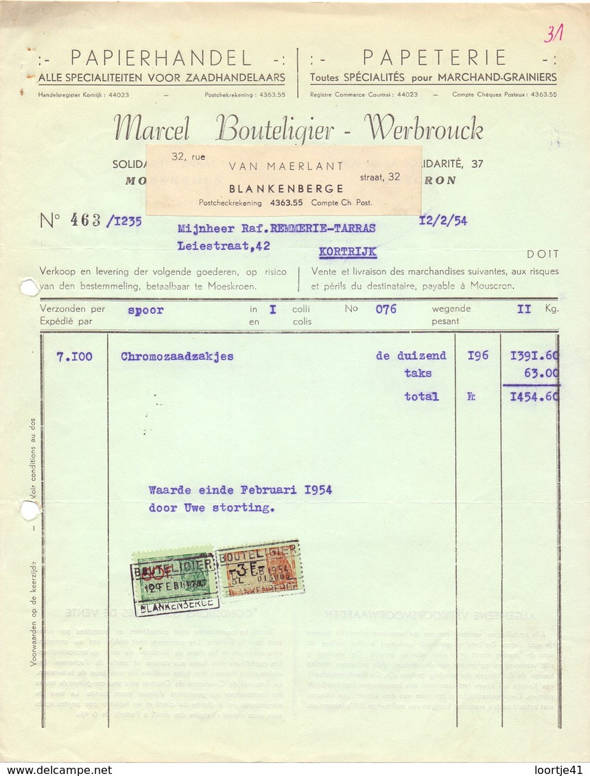 Factuur Facture - Papierhandel Papeterie Marcel Bouteliqier - Werbrouck - Blankenberge 1954 - Drukkerij & Papieren