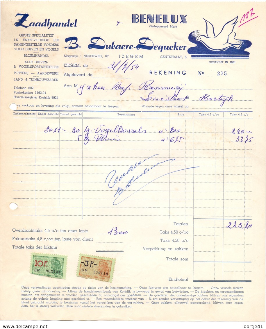 Factuur Facture - Zaadhandel Duiven & Vogels B. Dubaere - Dequeker - Izegem 1954 - Agriculture