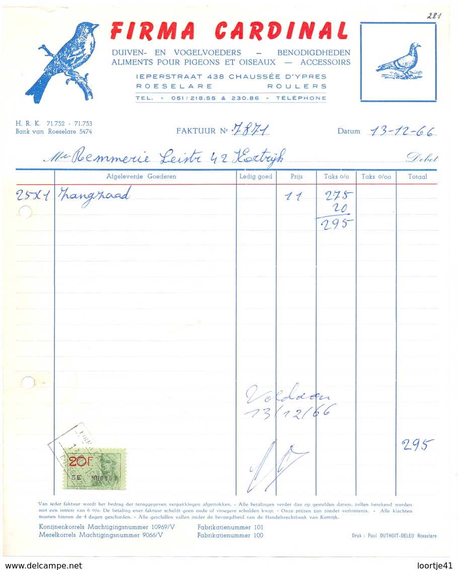 Factuur Facture - Zaadhandel Duiven & Vogels Firma Cardinal - Roeselare 1966 - Agriculture
