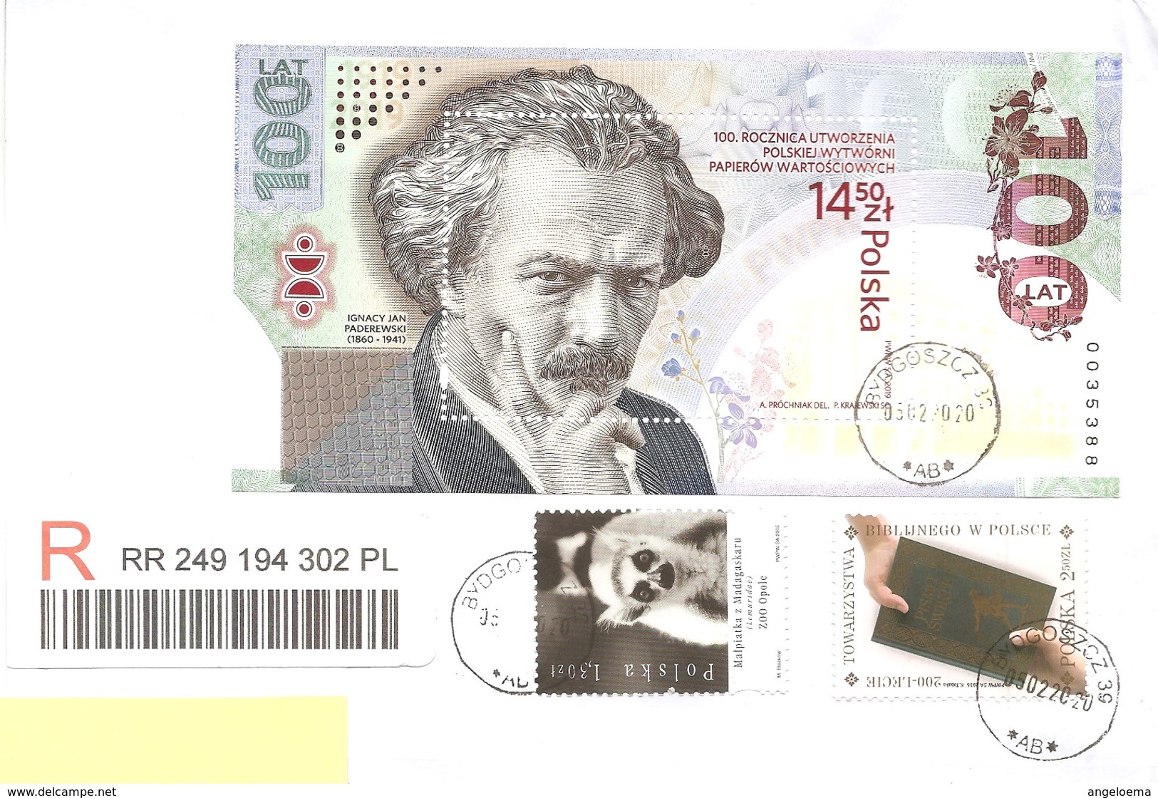 POLONIA - 2020 Raccomandata Per Estero Con 3 Franc. (2019 Ignacy Jan Paderewski, 2016 Soc. Biblica, 2005 Scimmia) - 4581 - Storia Postale