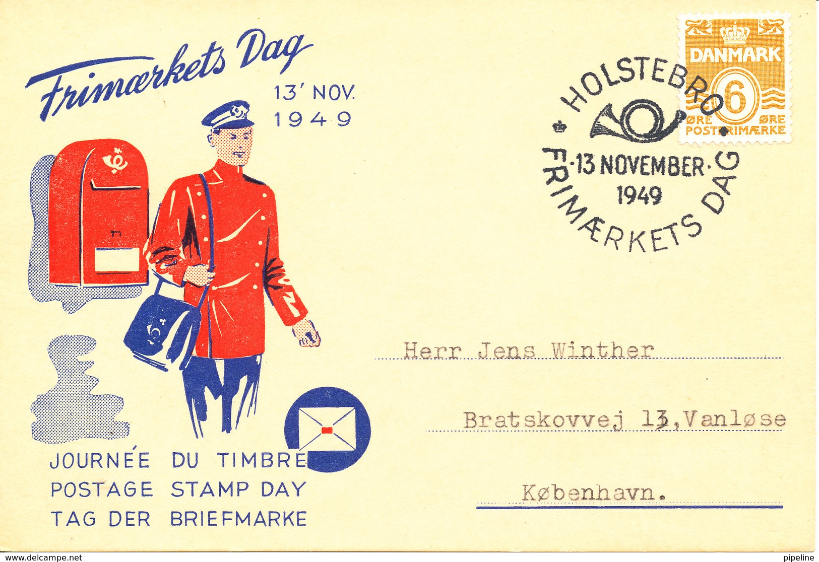 Denmark Card Stamp's Day Holstebro 13-11-1949 - Journée Du Timbre