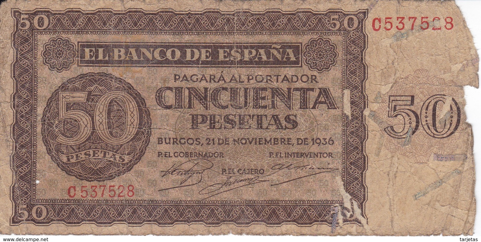 BILLETE DE BURGOS DE 50 PTAS DEL 21/11/1936 SERIE C EN CALIDAD RC  (BANKNOTE) - 50 Pesetas