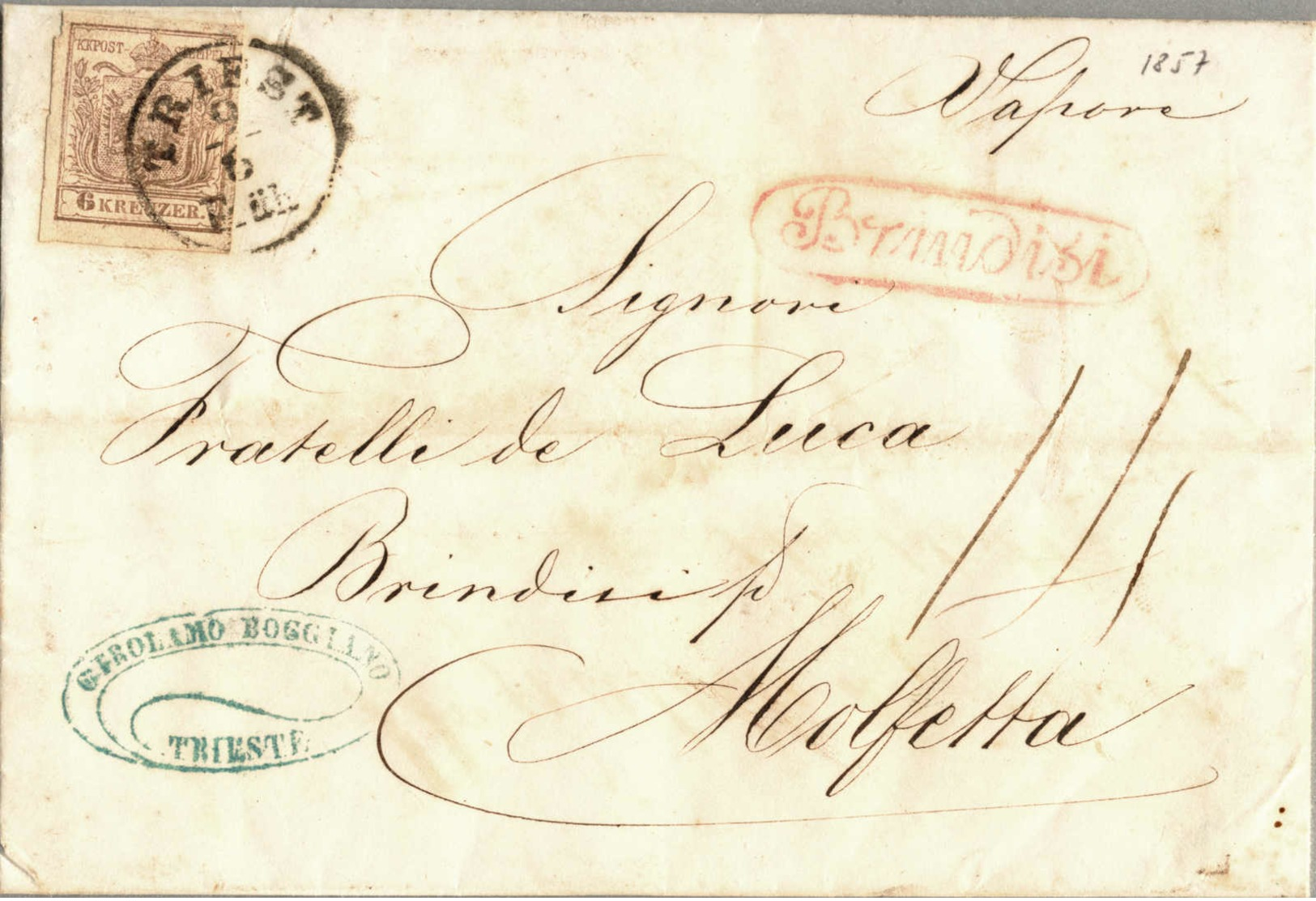 Beleg 1857, 6 Kr, On Folded Letter From TRIEST Via Steamer To BRINDISI (in Red), Then Taxed With 14 Grana For The Transf - Autres & Non Classés