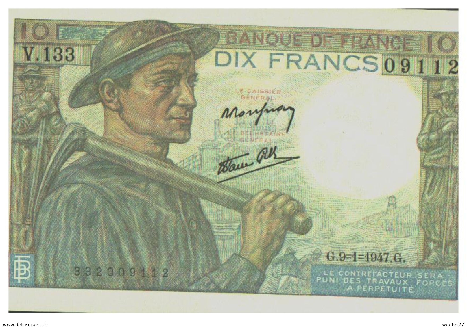 BILLET NEUF 10 FRANCS MINEUR G . 9=1=1947.G.  PAS CIRCULE PAPIER RIGIDE - 10 F 1941-1949 ''Mineur''