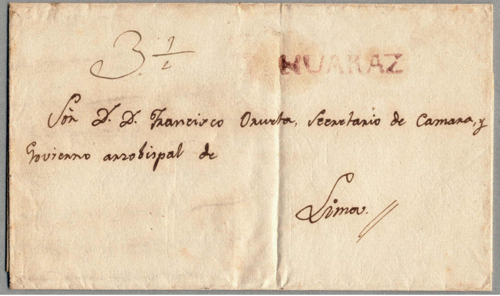 Beleg Complete Letter From HUARAZ To LIMA, With Red HUARAZ Cancel, Vertical Crease, Good Condition, VF!. Estimate 150€. - Peru