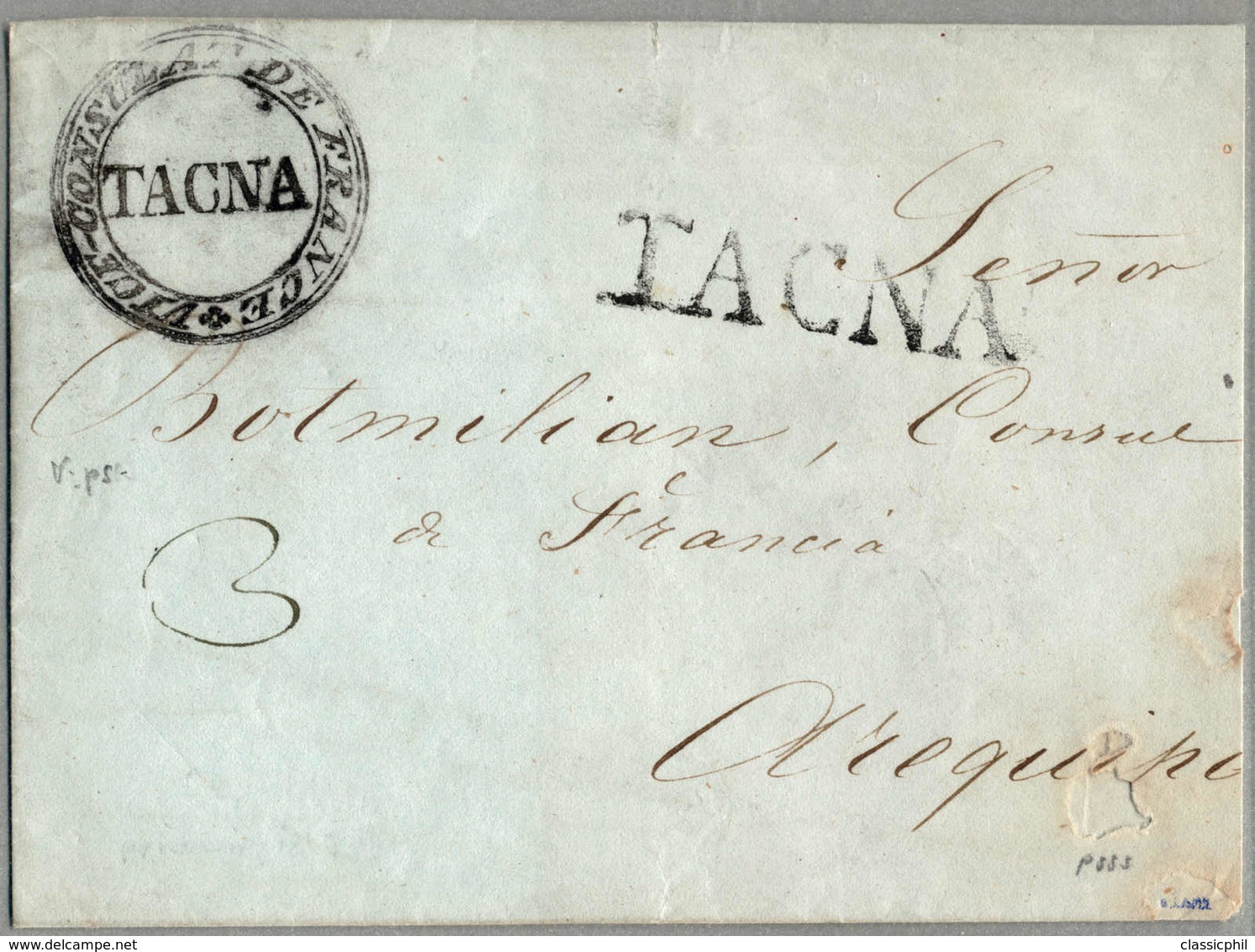 Beleg 1846, Folded Letter From TACNA To AREQUIPE, Taxed With 3 P., From The French Vice-Consulat (cancellation In Black  - Peru