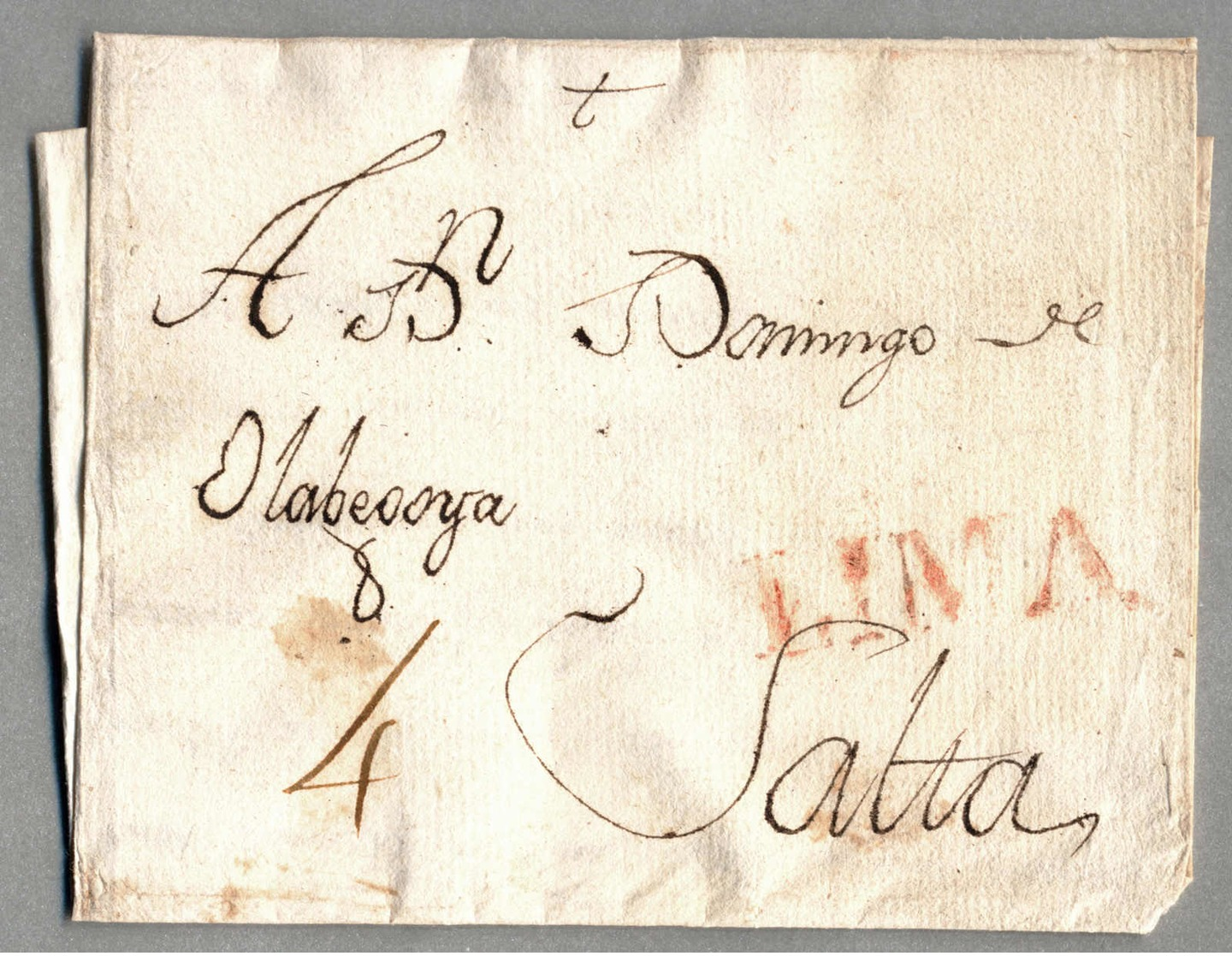 Beleg 1805, Early Folded Letter From LIMA (cancellation In Red) To SALTA/Argentinia, M/s Tax Of 4 P., Very Fresh And Rar - Peru