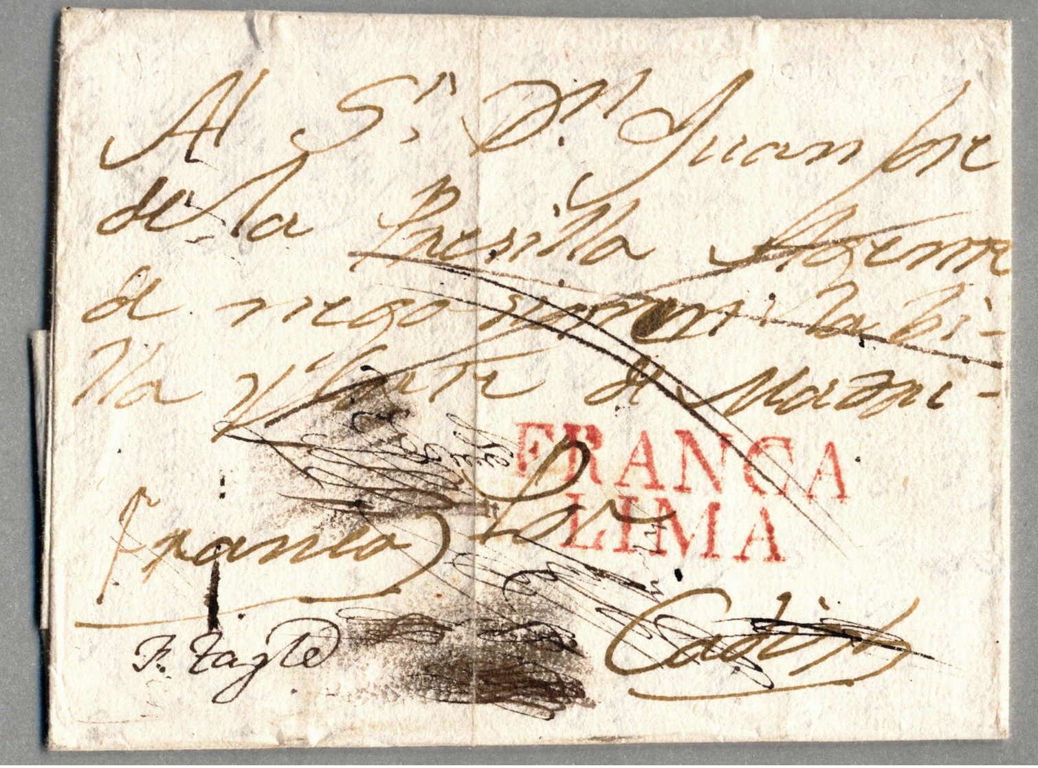 Beleg 1819, Folded Letter Cancelled LIMA/FRANCA In Red To CADIZ/Spain, Very Rare Colonial Letter, Fresh And Attractive,  - Peru