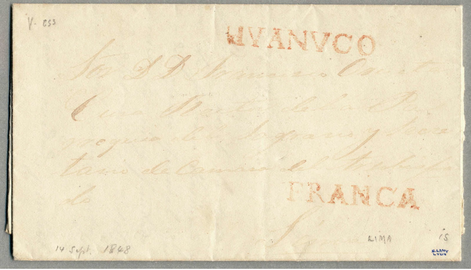 Beleg 1848, Complete Letter From HUANUCO To LIMA, With Red HUANUCO And Red FRANCA Cancel, Very Light Lettering (faded),  - Peru