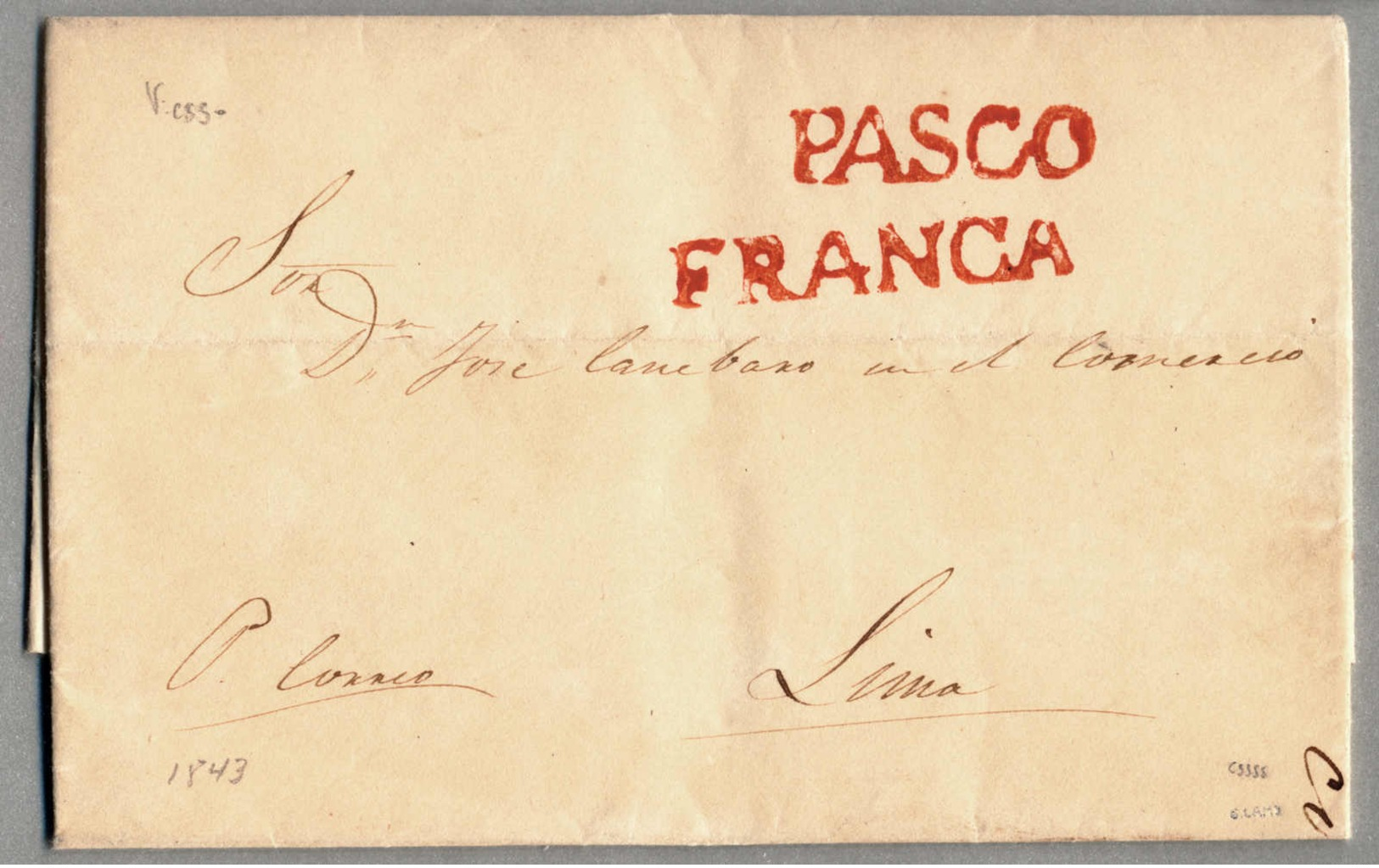 Beleg 1843, Complete Letter From CERRO De PASCO To LIMA, With Red Cancel PASCO FRANCA, Very Fresh, Light Horizontal Crea - Peru