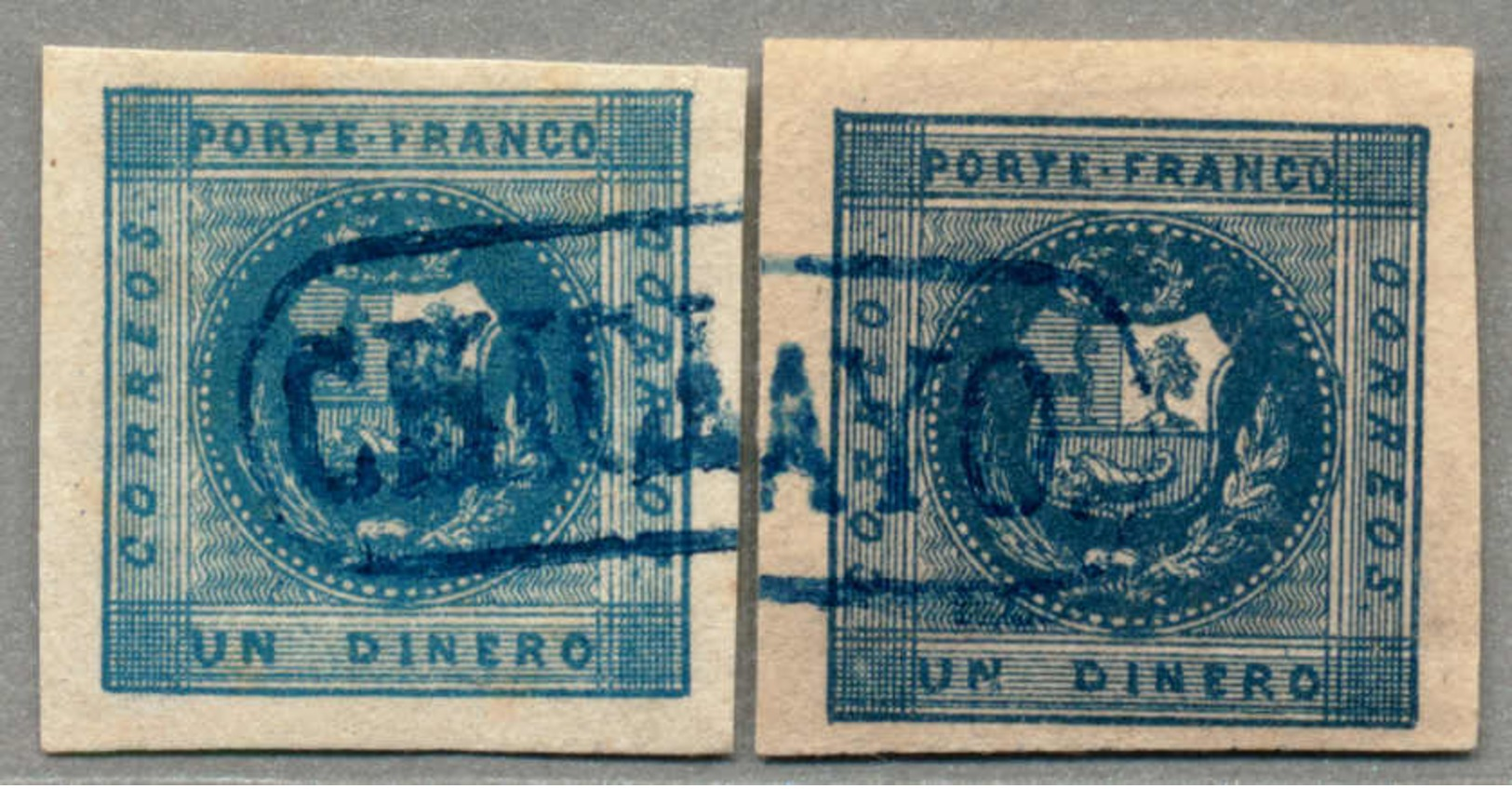 Gest. 1858, 1 D., Blue And Deep Blue, Lot Of (2), Both With BLUE Cancel CHICLAYO (Coeff. 8 - See G. Lamy Peru Cancellati - Peru