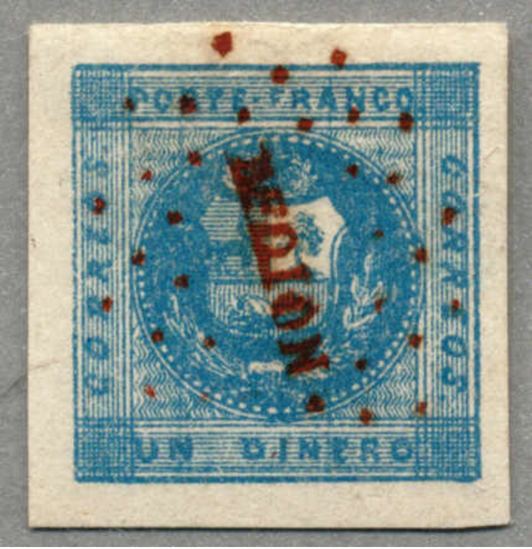 Gest. 1858, 1 D., Blue, With Type 24 Cancel (see G. Lamy - Peru Cancellations) In RED. Unidentified Cancel. Previous Own - Peru