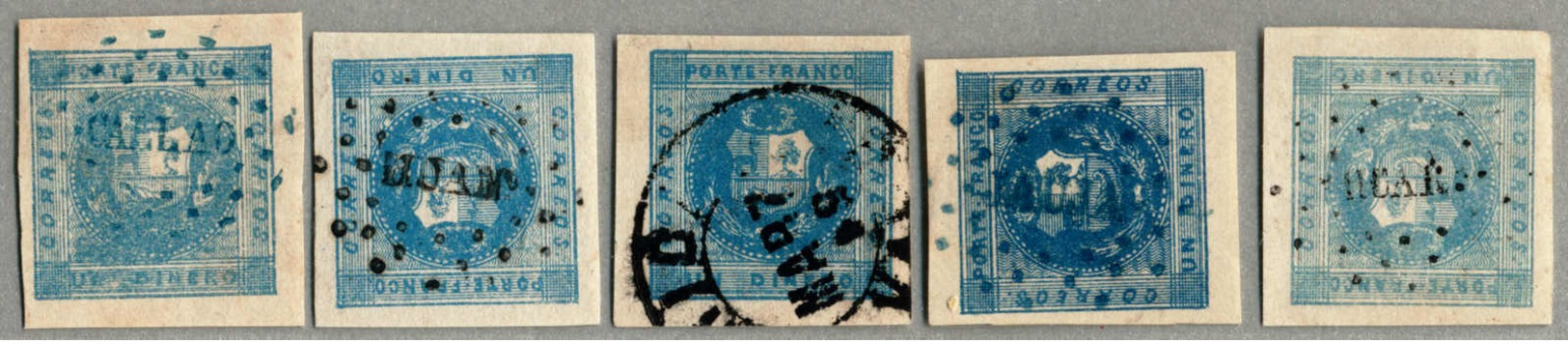 Gest. 1858, 1 D., Deep Blue And Blue, Small Lot Of (5), (4) With Type 24 Cancel (see G. Lamy - Peru Cancellations), (2)  - Peru