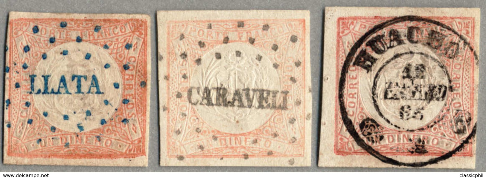 Gest. 1862, 1 D., Red And Pink, Small Lot Of (3), All With Cancellations, Blue LLATA (see G. Lamy - Coeff. 35 - Signed G - Peru
