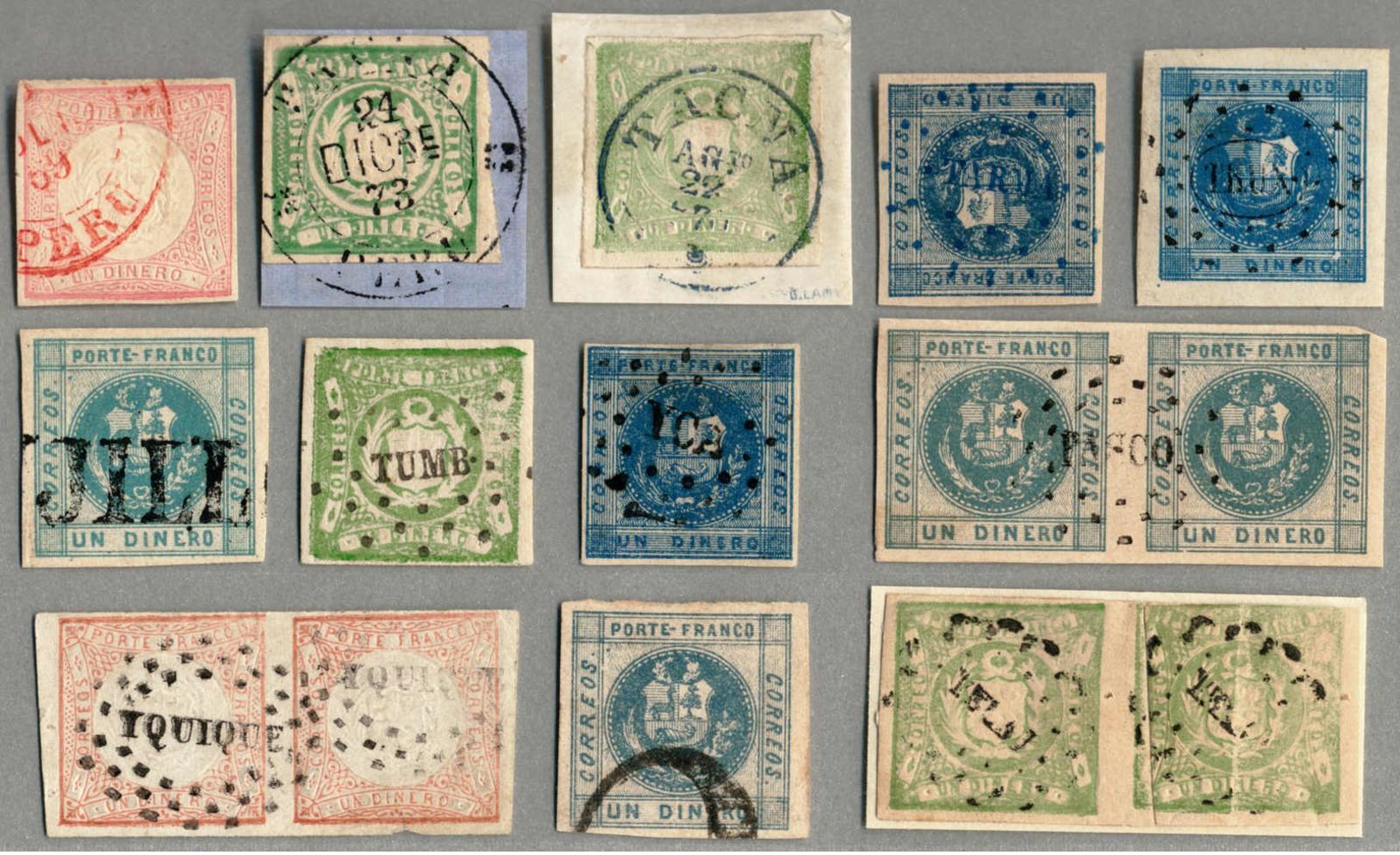 Gest. Small Lot Of (12), Including (3) Pairs, With Red, Blue And Black Cancellations, A Very Nice Lot, F-VF!. Estimate 2 - Peru