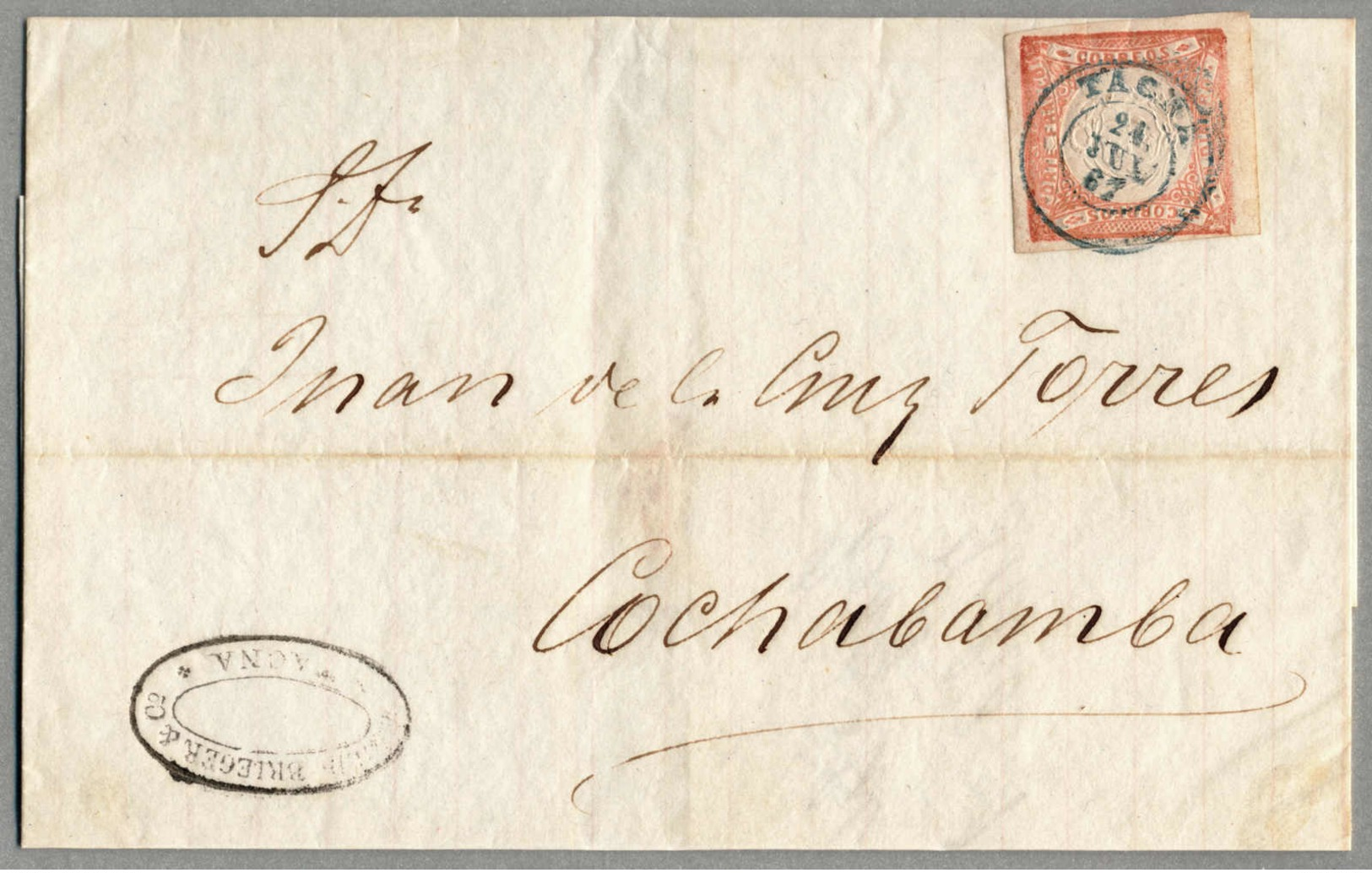 Beleg 1867, 1 D., Red, Letter Envelope From TACNA To COCHABAMBA/Bolivia, With Nice Blue Cancel TACNA, Lower Left Black C - Peru