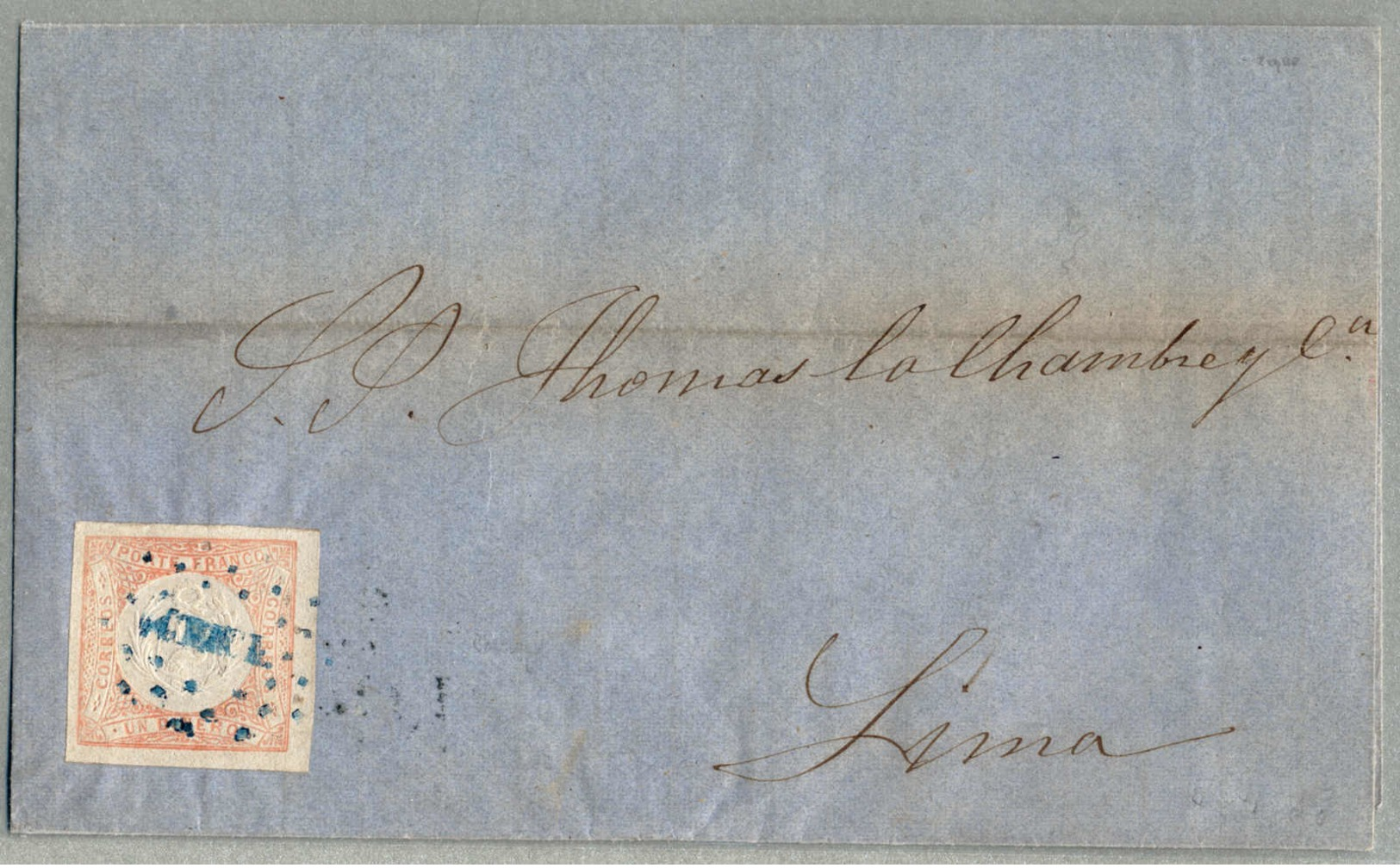 Beleg 1863, 1 D., Red, Large Margins, On Blue Envelope Letter From CHICLAYO To LIMA, With BLUE Cancel CHICLAYO (cancel T - Peru