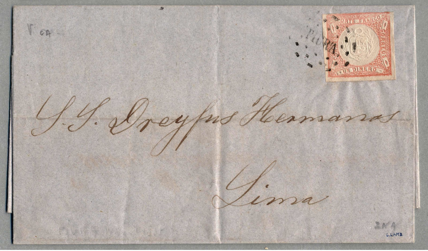 Beleg 1865, 1 D., Red, On Complete Letter From PIURA To LIMA, Obliterated With Black PIURA Cancel, Light Vertical And Ho - Peru