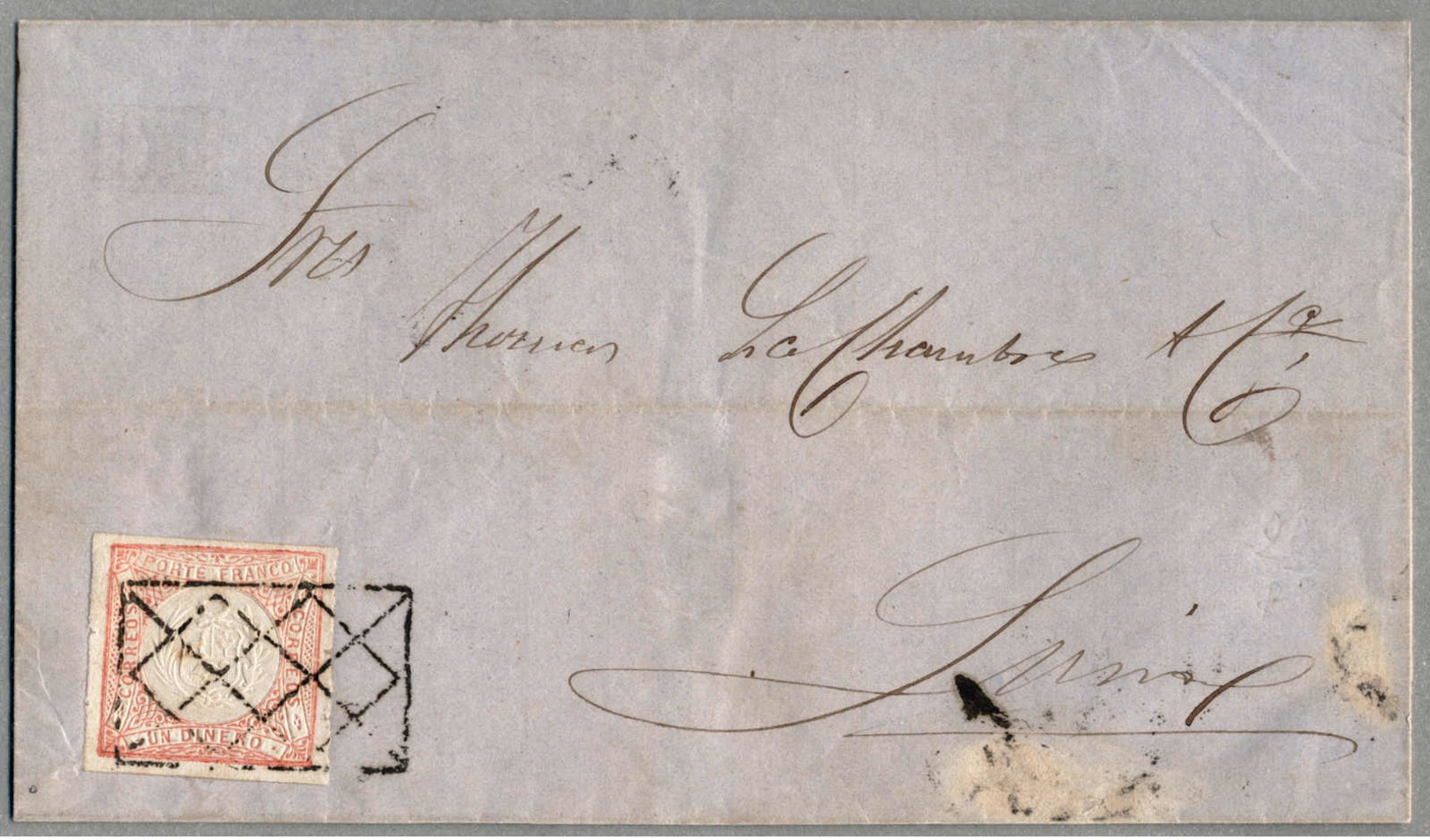 Beleg 1864, 1 D., Red, On Complete Letter From CHICLAYO To LIMA, Obliterated With Black Grill LIMA Cancel, Light Horizon - Peru