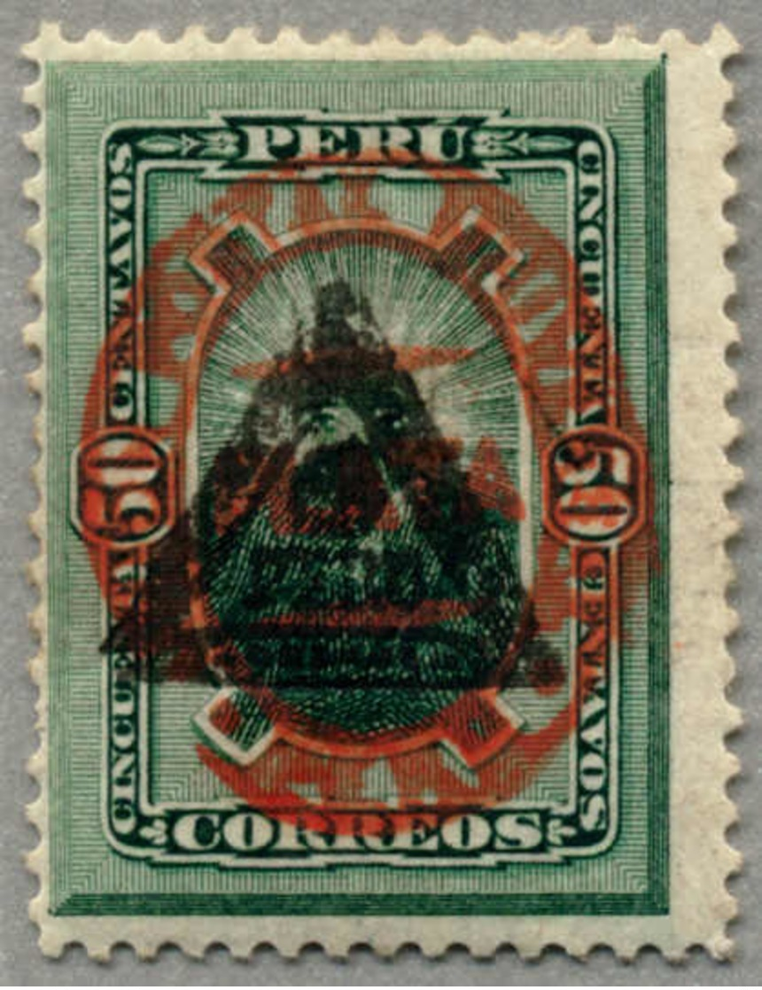 * 1883, 50 C., Green, Scott 84, Black Triangle And Red Oval PERU Opt, One Short Tooth, MH, F!. Estimate 190€. (Michel: 5 - Peru