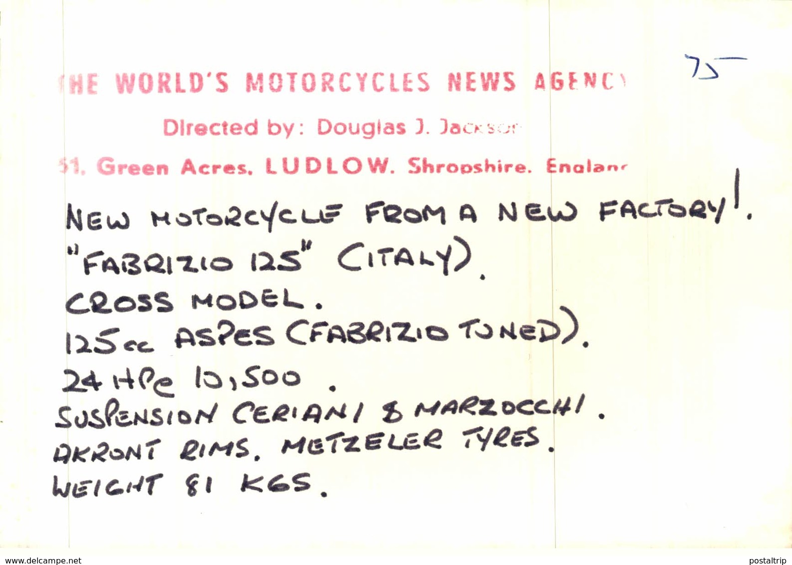 Fabrizio 125 +-14cm*10cm Moto MOTOCROSS MOTORCYCLE Douglas J Jackson Archive Of Motorcycles - Other & Unclassified