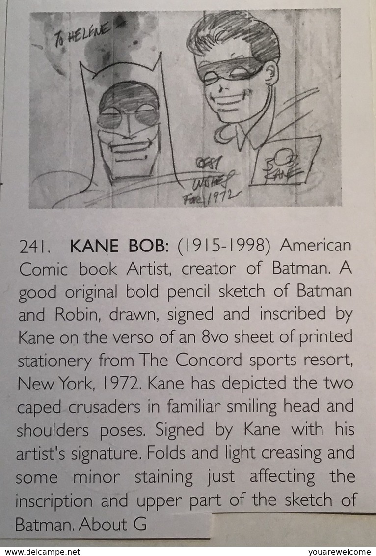 BOB KANE: Batman And Robin Original Sketch (DC, 1972).  (USA Comic Book Bande Dessinée Autograph Autographe Illustateur - DC
