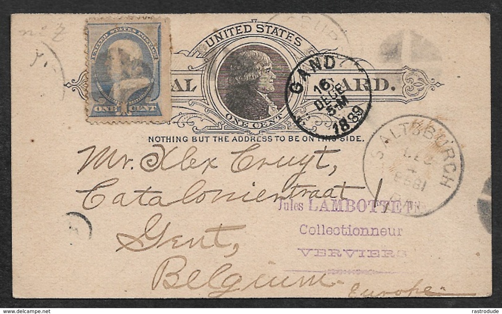 1889 U.S PSC 1 C + SUPPL. 1C SALTSBURGH To GAND, BELGIUM. Written By Early A.P.A Member 130. Stamp Collector - Oblitérés