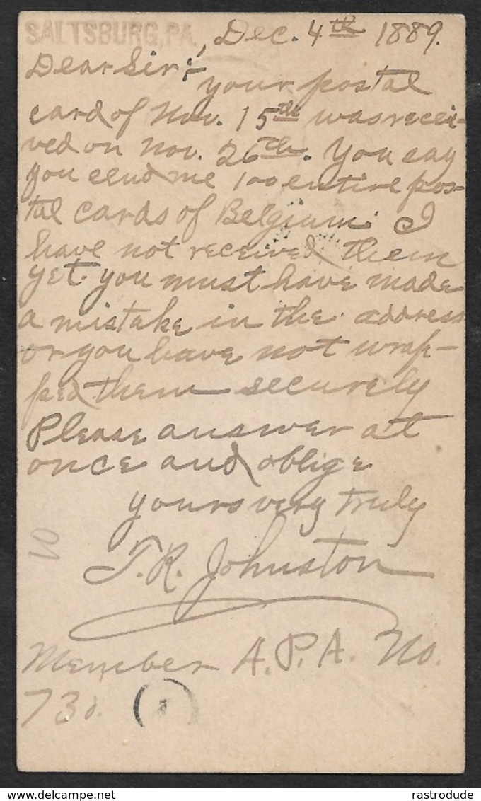 1889 U.S PSC 1 C + SUPPL. 1C SALTSBURGH To GAND, BELGIUM. Written By Early A.P.A Member 130. Stamp Collector - Oblitérés