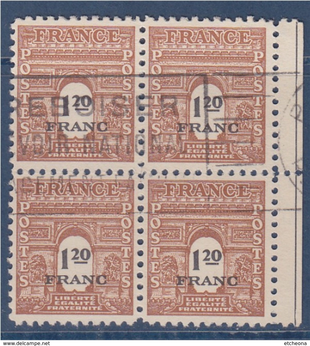 = Bloc De 4 Timbres Arc De Triomphe De L'Etoile Oblitéré N°707 Le 1f20 Brun Avec Bord De Feuille - 1944-45 Arco Del Triunfo