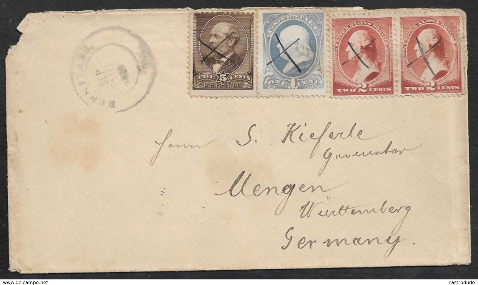 1886 US 5c, 2c(2), 1c COVER BERNSTADT (KENTUCKY) To MENGEN, GERMANY. PEN CANCEL. VERY SMALL P.O - Oblitérés