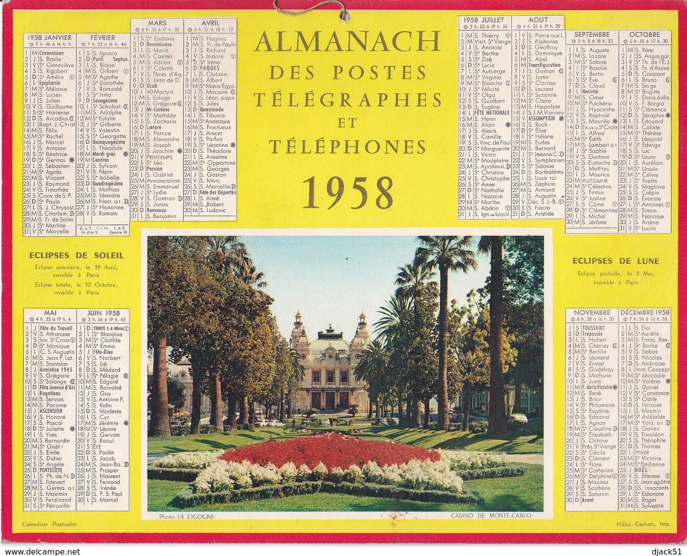 Calendrier 1958 ALMANACH Des Postes, Télégraphes Et Téléphones / Casino De MONTE-CARLO - Tamaño Grande : 1941-60