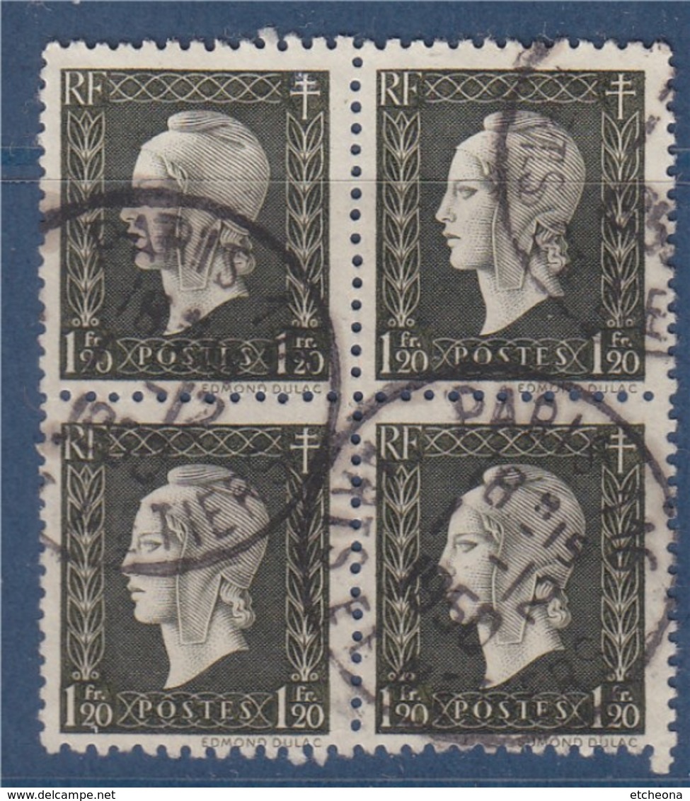 = Bloc De 4 Timbres Série De Londres Marianne De Dulac Oblitéré N°690 Le 1f20 Noir-olive - 1944-45 Marianne De Dulac