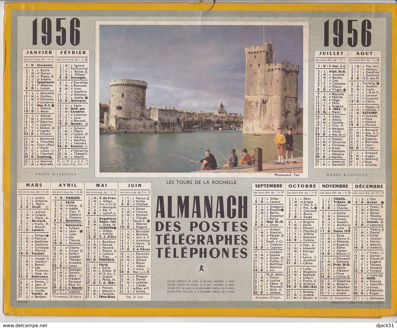 Calendrier 1956 ALMANACH Des Postes, Télégraphes Et Téléphones / LES TOURS DE LA ROCHELLE / SEINE - Grand Format : 1941-60