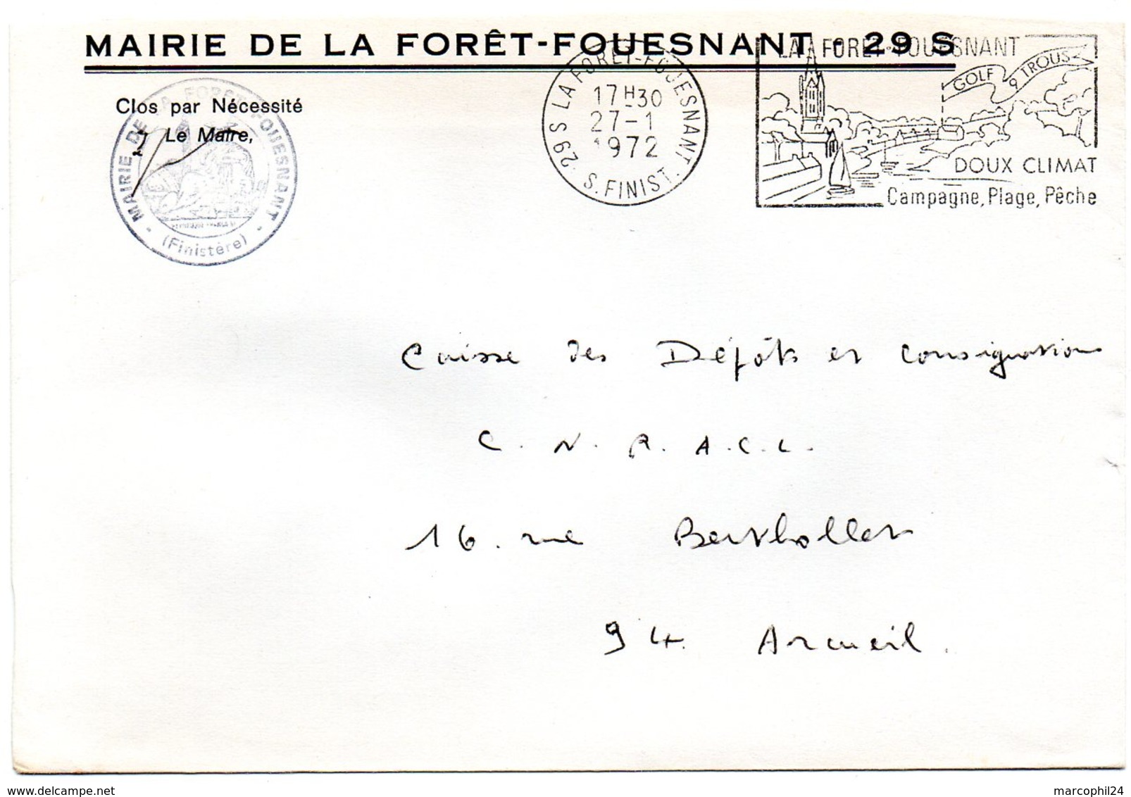 FINISTERE  - Dépt N° 29 = LA FORET FOUESNANT 1972 = FLAMME SECAP Illustrée ' GOLF 9 TROUS ' FRANCHISE MAIRIE - Civil Frank Covers