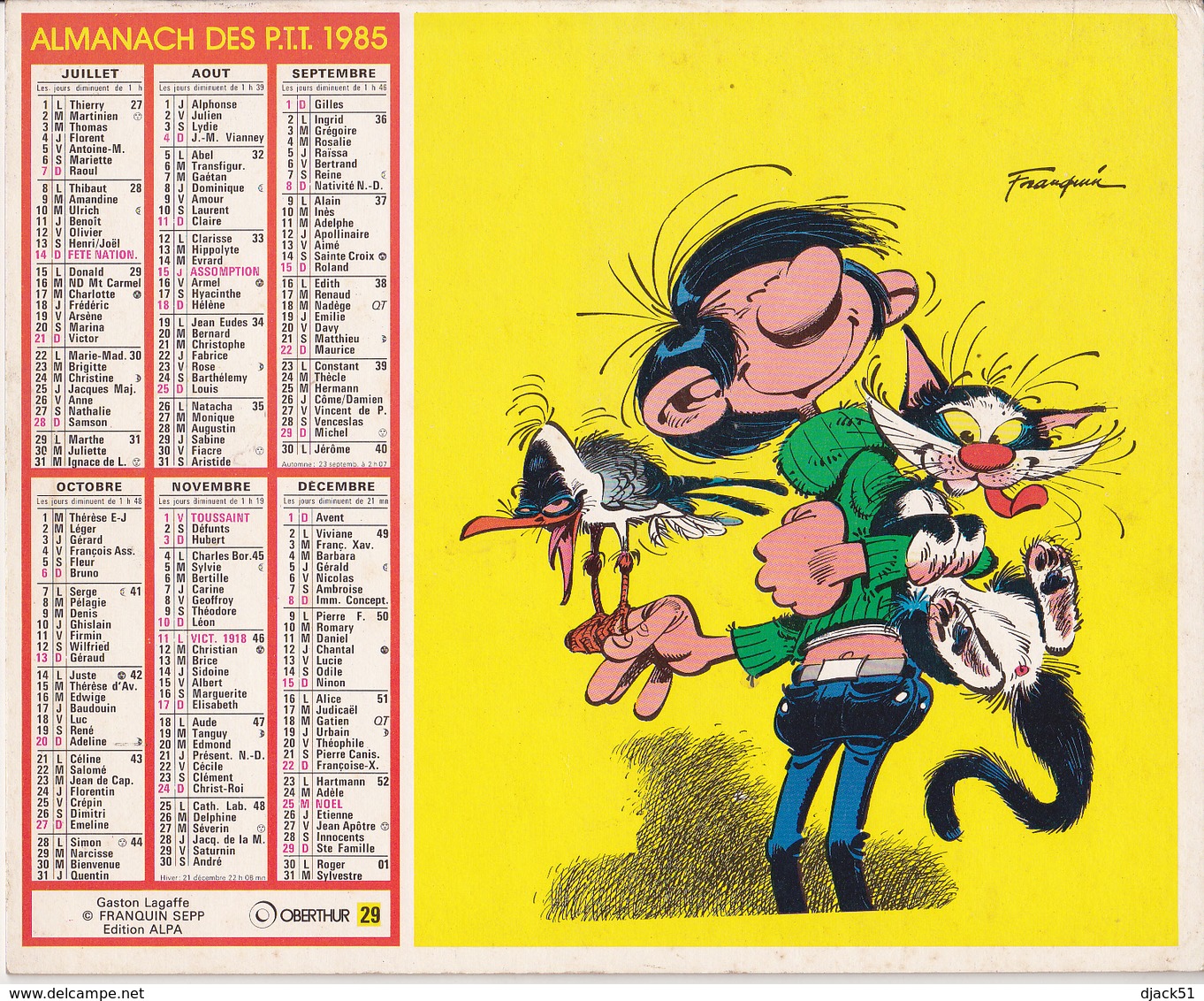 Calendrier 1985 ALMANACH Des P.T.T. / Gaston Lagaffe FRANQUIN / AVEYRON - Grossformat : 1981-90