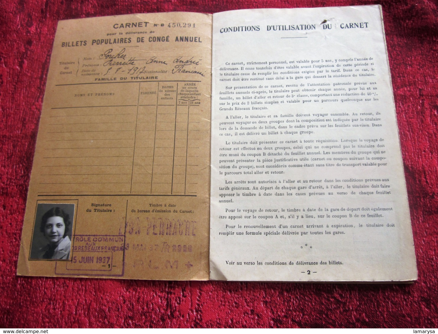 FRONT POPULAIRE 1937 DOCUMENT HISTORIQUE 1ER CONGÉS PAYES 1936 CARNET DÉLIVRANCE BILLETS CONGÉS ANNUELS TITRE TRANSPORT - Autres & Non Classés