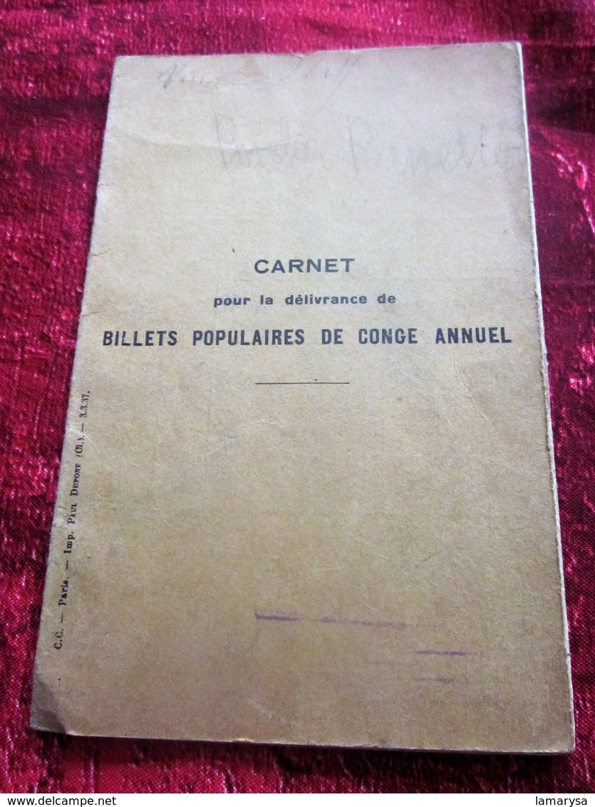 FRONT POPULAIRE 1937 DOCUMENT HISTORIQUE 1ER CONGÉS PAYES 1936 CARNET DÉLIVRANCE BILLETS CONGÉS ANNUELS TITRE TRANSPORT - Autres & Non Classés