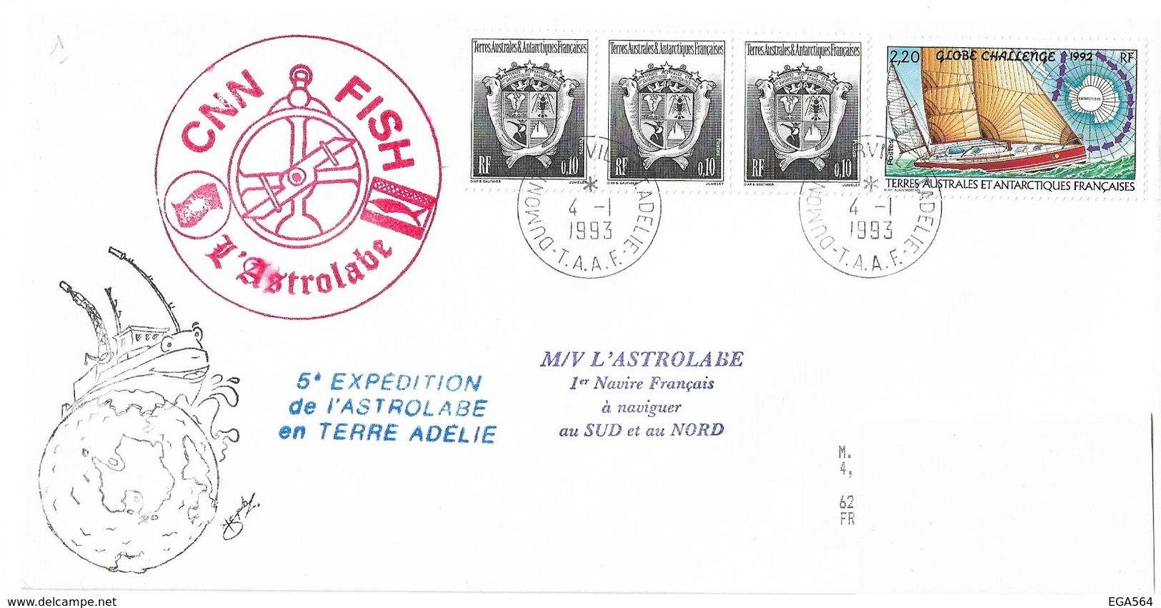18 -PO163x3/PO165 Sur Pli De " L' ASTROLABE" 4.1.93 Terre Adélie. 5ème Expédition Astrolabe Et Cachets Divers. - Covers & Documents