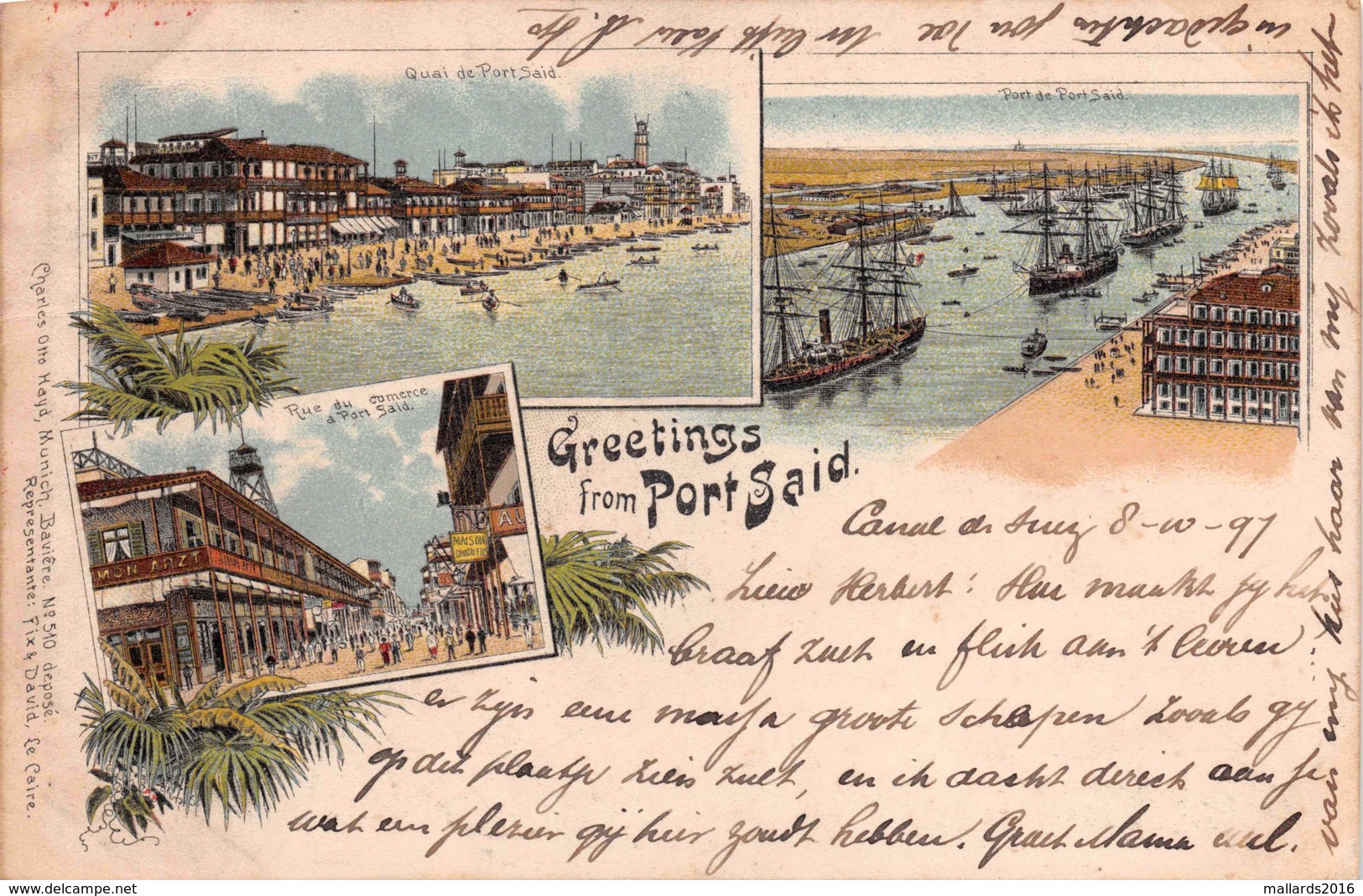 GREETINGS FROM PORT SAID - POSTED IN 1897 ~ AN EARLY 1890's -1901 VINTAGE POSTCARD  #21335 - Port Said