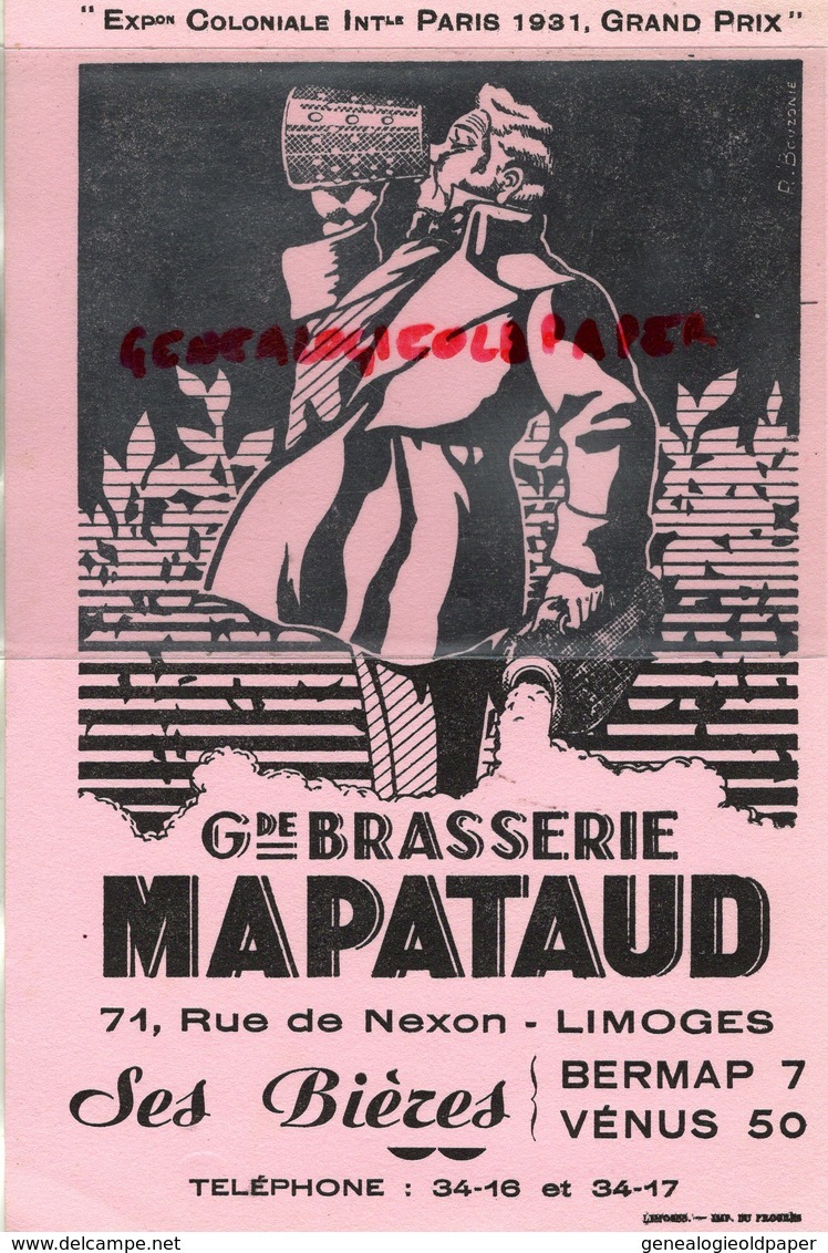 87 - LIMOGES - GRAND BUVARD BRASSERIE MAPATAUD-  EXPOSITION COLONIALE PARIS 1931- BIERES BERMAP 7- VENUS 50 - B