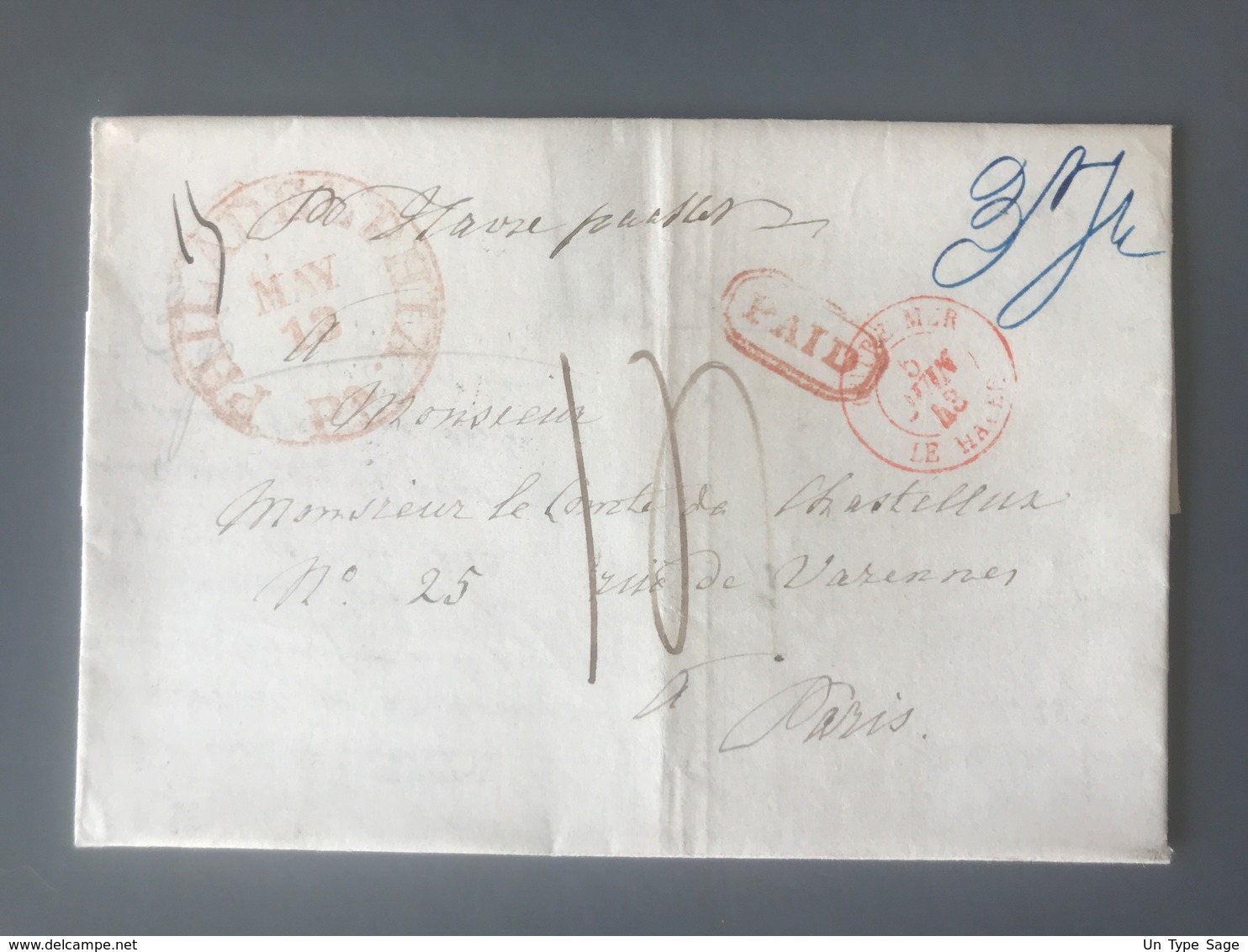 Lettre De Philadelphie 1848 Pour Paris - TAD Rouge OUTRE-MER LE HAVRE - (B2805) - 1801-1848: Precursors XIX