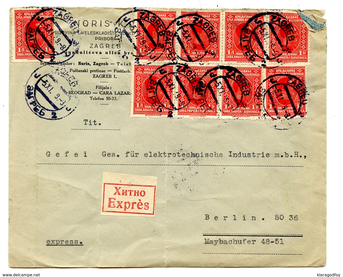 Noris, Zagreb Company Letter Cover Posted Express 1929 To Berlin B200110 - Croatie