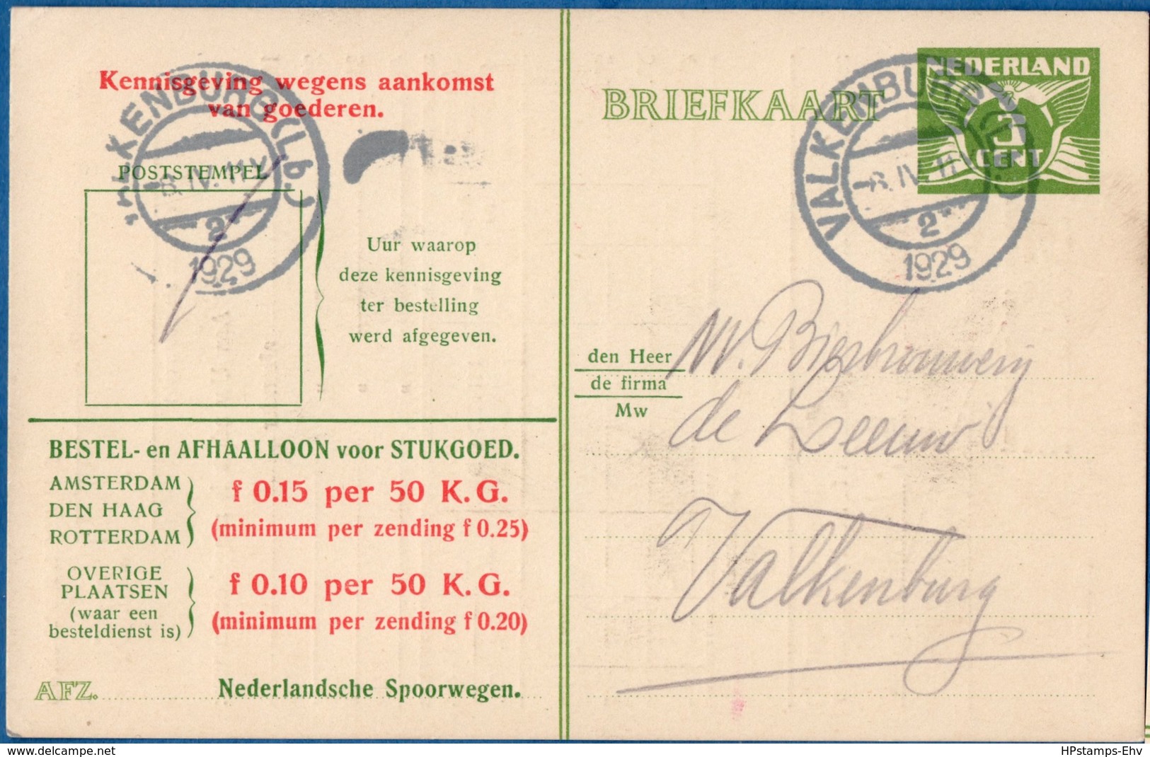 Netherlands 1929 Nederlandse Spoorwegen Kennisgeving Kaart Lebeau 3 C. Lokaal Valkenburg-2, 8 IV.1929 - 2006.1303 - Lettres & Documents