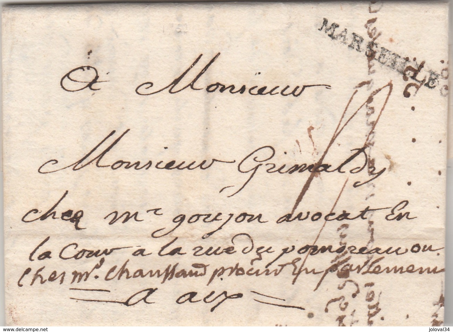 Lettre Marque Postale MARSEILLE Bouches Du Rhône 17/8/1762 à Aix - 1701-1800: Précurseurs XVIII