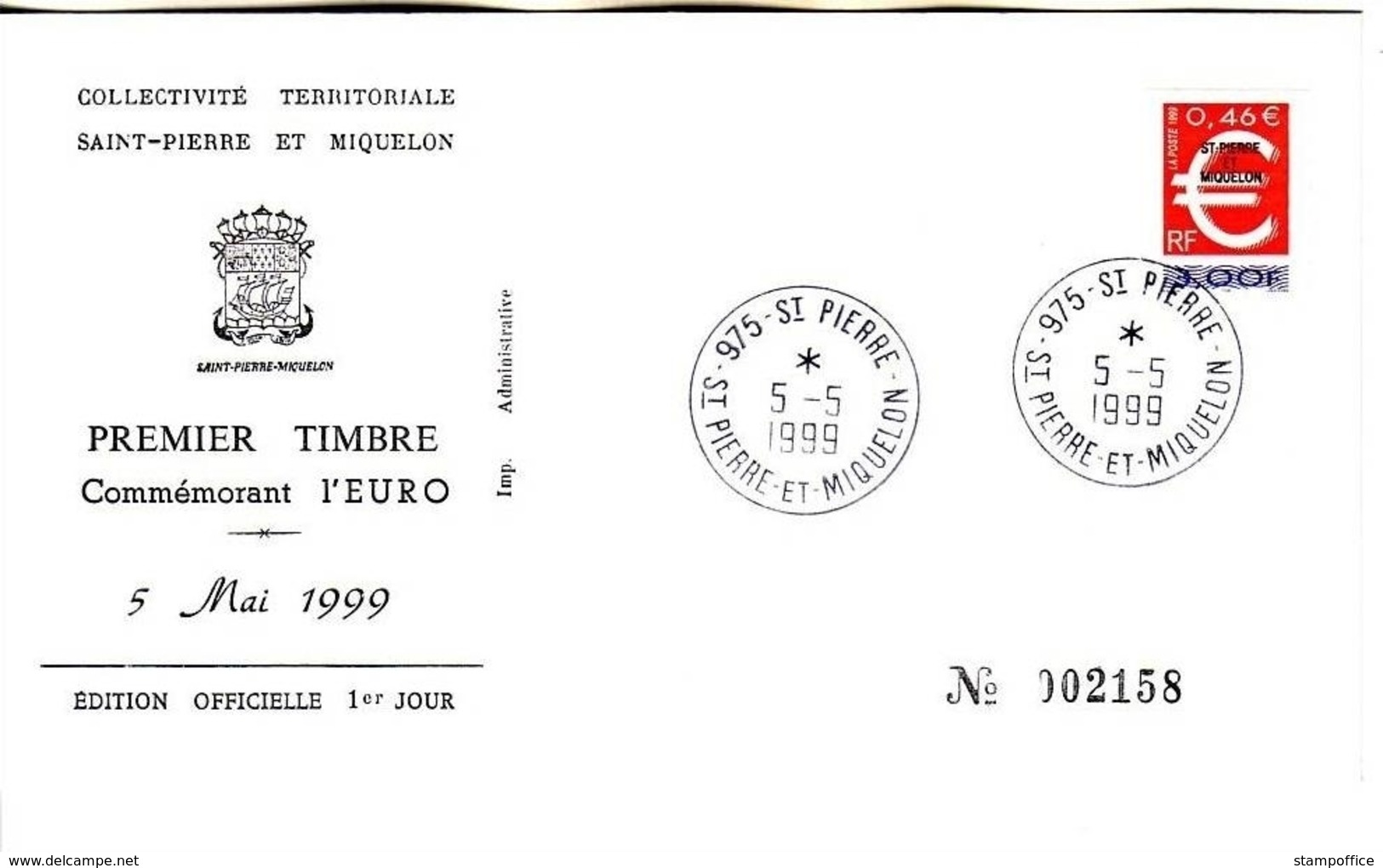 SAINT-PIERRE ET MIQUELON MI-NR. 772 FDC EINFÜHRUNG DES EURO 1999 - FDC