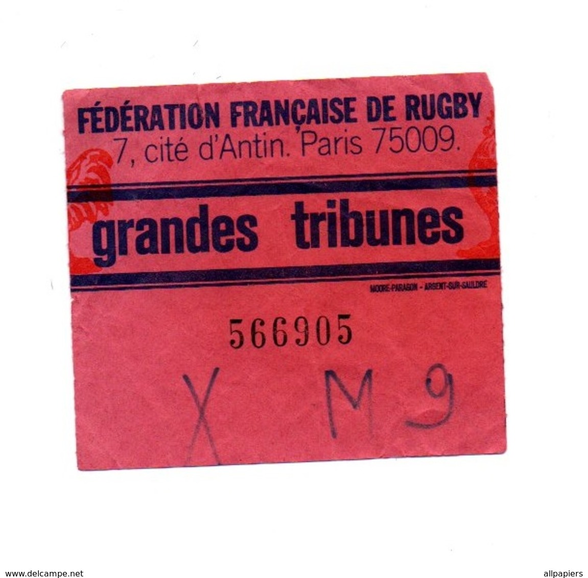 Ticket D'entrée N°566905 Fédération Française De Rugby Grandes Tribunes - Tickets D'entrée