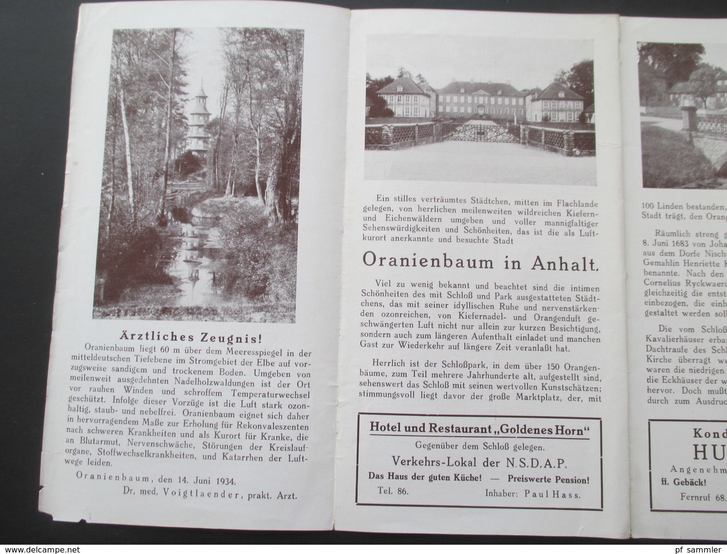 Deutsches Reich 1934 Faltprospekt Oranienbaum mit Reklame u.a. Vekehrs Lokal der NSDAP
