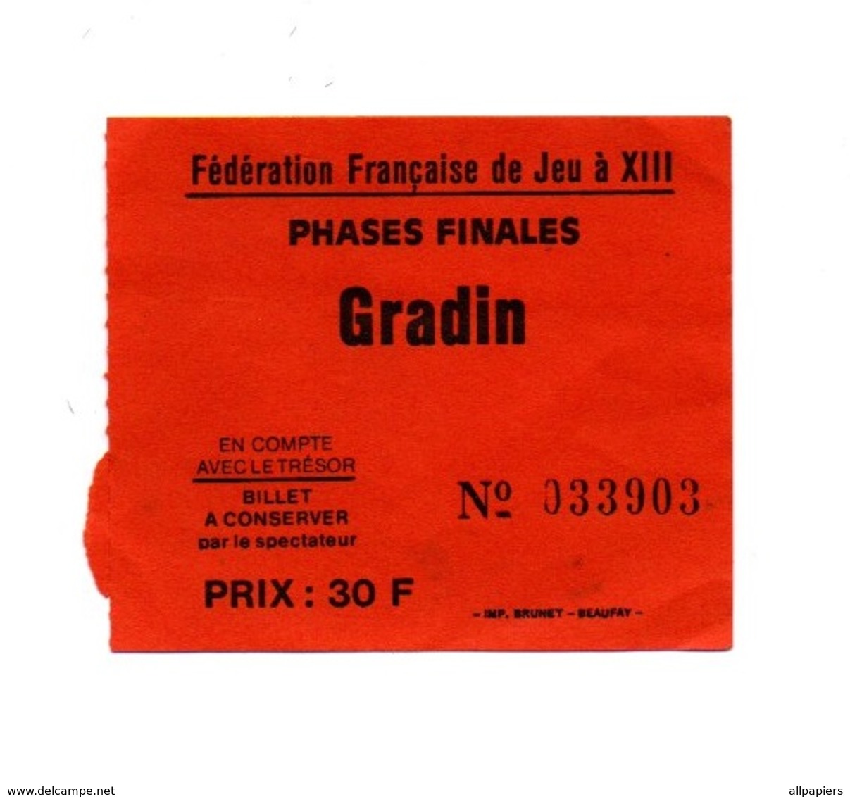 Ticket D'entrée N°033903 Fédération Française De Jeu à XIII Phases Finales Gradin - Tickets D'entrée