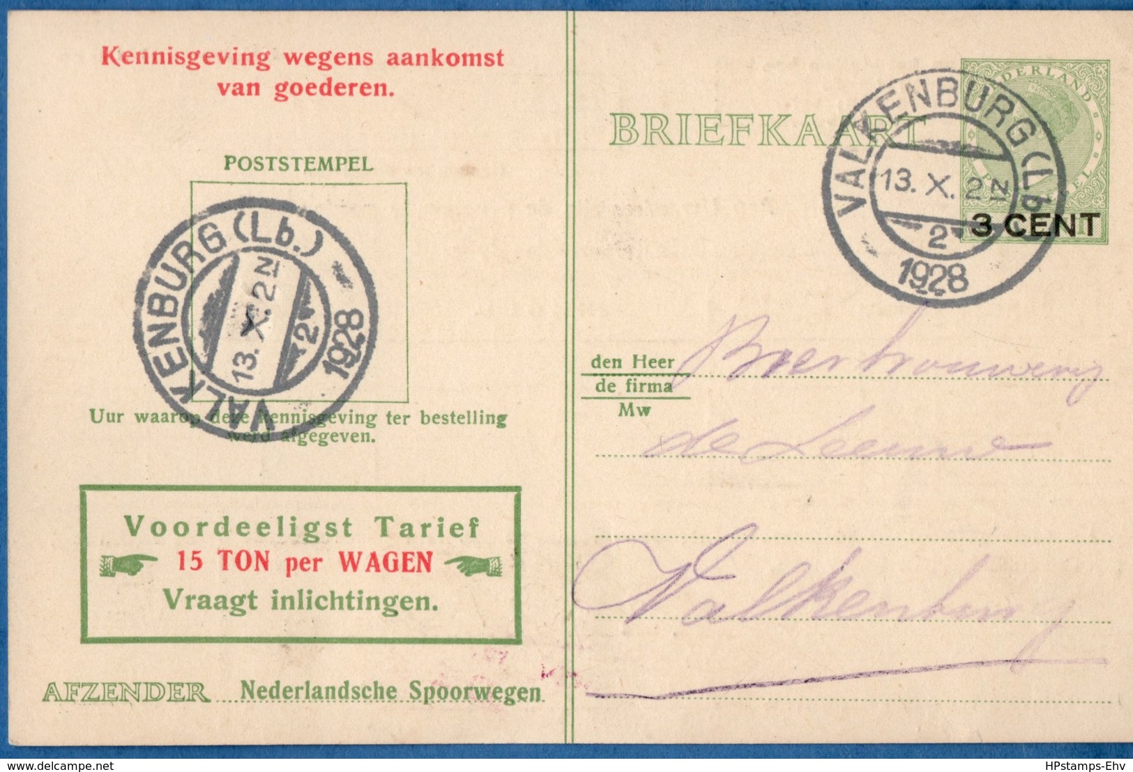 Netherlands 1929 Nederlandse Spoorwegen Kennisgeving Kaart Veth 3 C. Lokaal Valkenburg-2, 13.X.1929 - 2006.1305 - Lettres & Documents