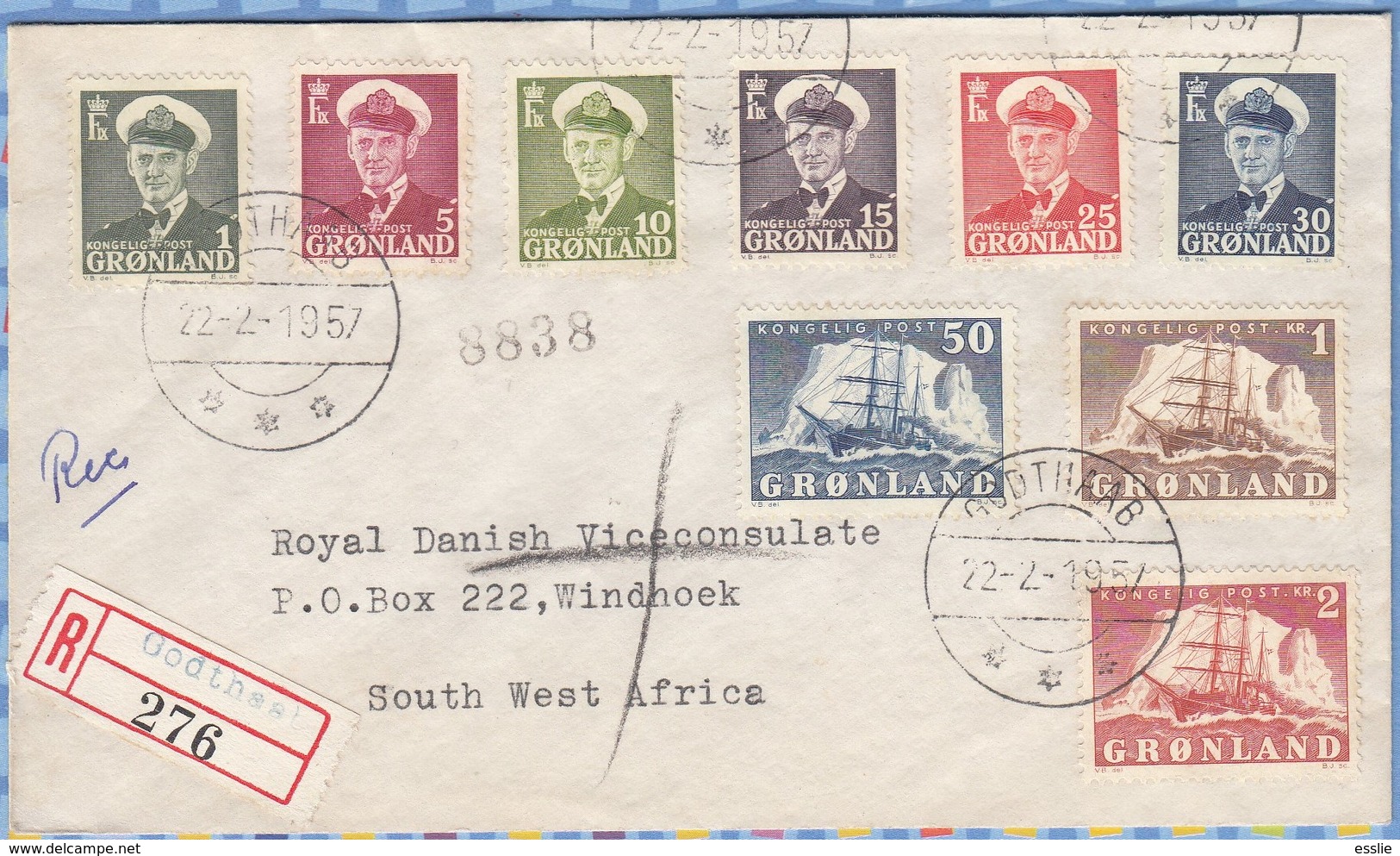 Greenland Registered Cover South West Africa SWA Royal Danish Viceconsulate - 1957 (1950) - GODTHAAB - Storia Postale